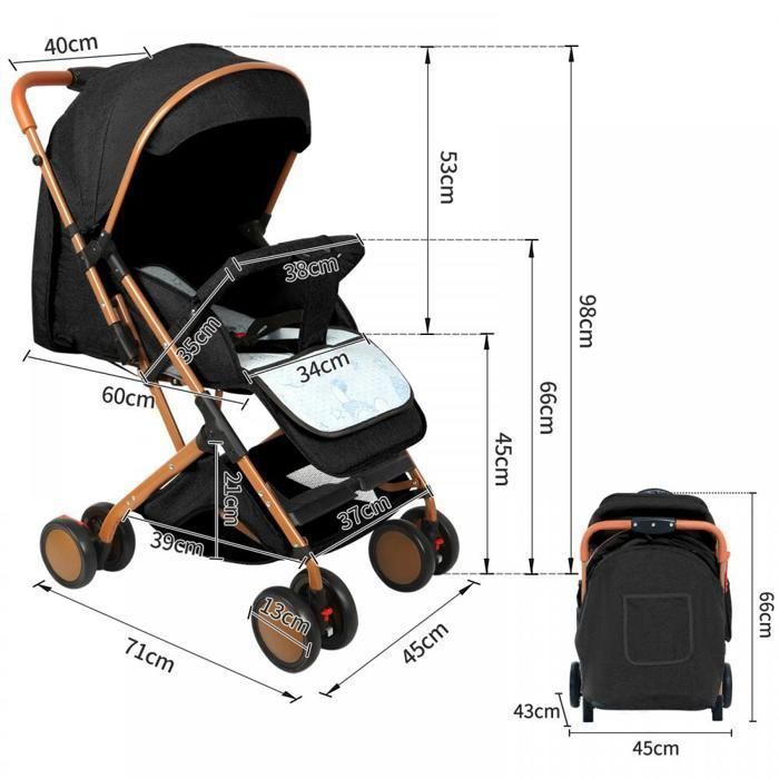 MIPAN. Poussette Légère et Compacte -Pliable Pousette Voyage  - Inclinable - Avec Auvent et Moustiquaire + Harnais 5 points - Noir