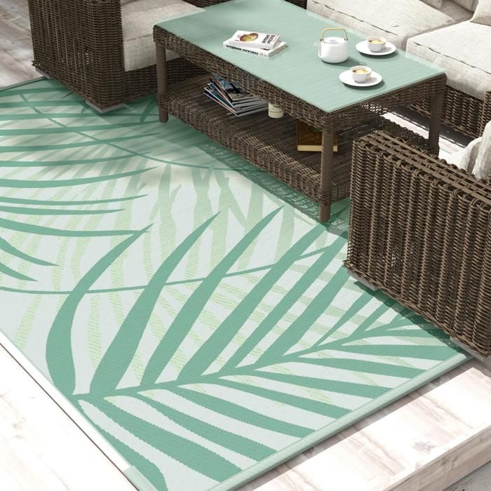 Tuinkleed - Outsunny - omkeerbaar buitenkleed 365x274 cm waterdicht bladmotief - PP - crèmegroen