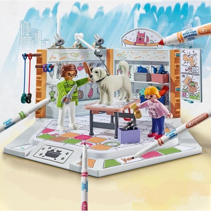 PLAYMOBIL Kleurenset 71514 Trimsalon, Crayola kleurpotloden om op de figuurtjes te tekenen, 61 onderdelen, Geschikt voor kinderen vanaf 5 jaar