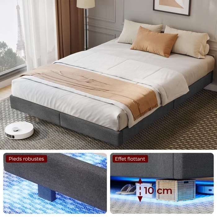 HavenlyHome 180x200 cm Bed, Linen Bed with RGB LED Lights, Slatted Base, Hidden Legs, Adult Bed for 2 People, Grey