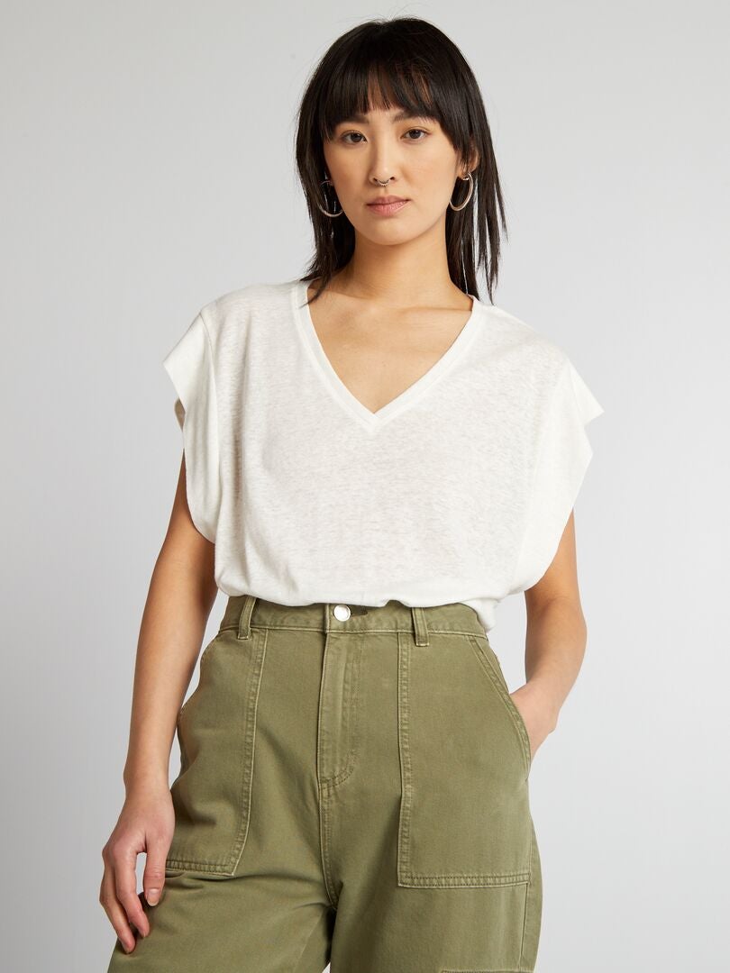 Camiseta de lino con mangas murciélago - BLANCA