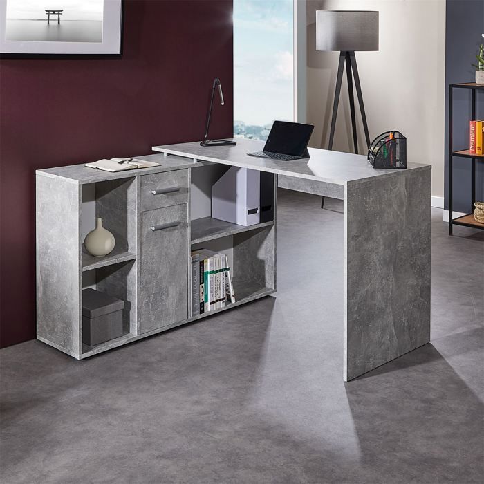 CARMEN corner desk with integrated storage unit: 4 shelves, 1 door and 1 drawer, concrete finish