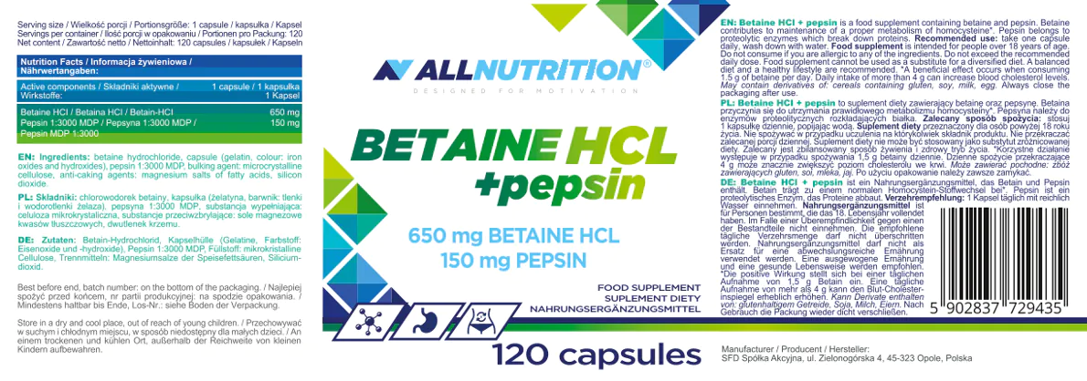 Allnutrition Betaine HCL + Pepsin, Kapsułki