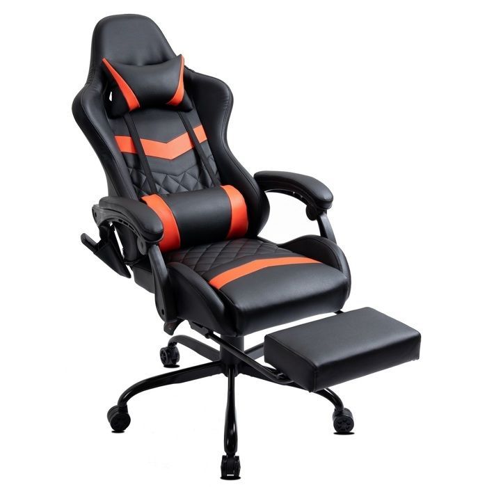 Chaise Gaming Ergonomique Similicuir avec Repose-Pieds et Massage 6 Points, Dossier Inclinable, Base Métal Delman Rouge