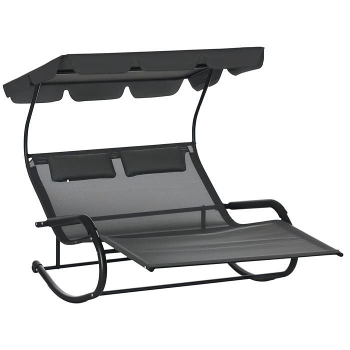 Chaise longue - Outsunny - avec toit solaire, appui-têtes détachables et 2 roues - pour 2 personnes - bascule, ergonomique - noir