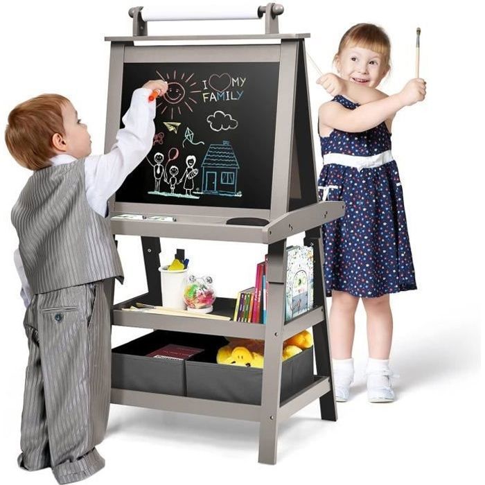 Caballete magnético infantil GOPLUS blanco/negro de 59x50x117 cm, caballete de doble cara con rollo de papel y cajas de almacenamiento, gris