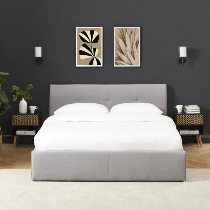 Cama con almacenamiento - BAÏTA - Gama SEGURO - Tejido gris jaspeado - 160 x 200 cm, somier de láminas incluido