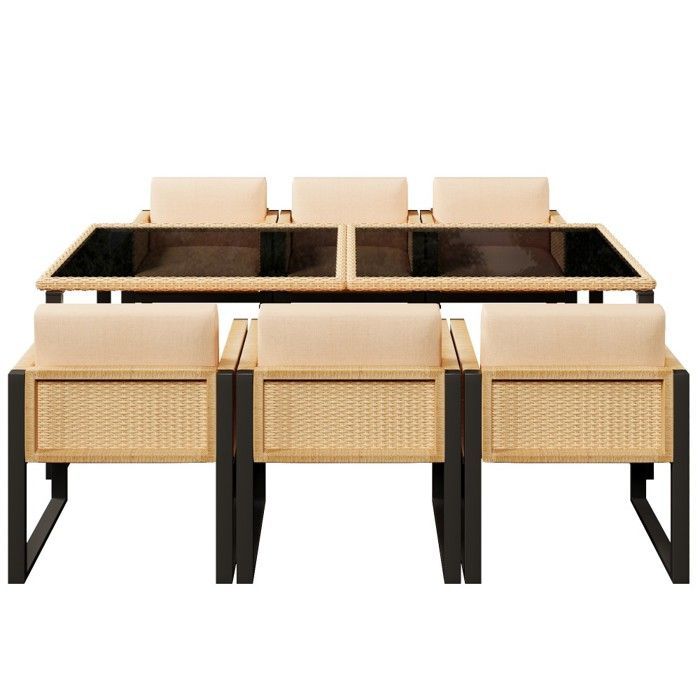 Set da giardino in polyrattan con tavolo e 6 sedie, poltrone con fodere sfoderabili e lavabili, nero e marrone, 170x80x75 cm / 55x55x80 cm