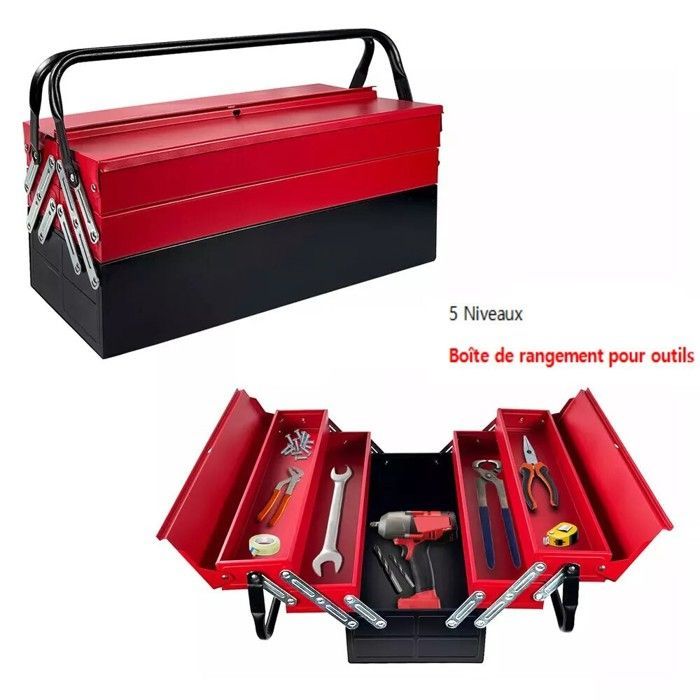 Caja de herramientas de 3 niveles con 5 bandejas retráctiles, caja de herramientas metálica, estuche para herramientas de 43x22x34cm, color rojo.