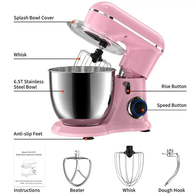 Samsaimo Staande Mixer, 6,5 liter, 660 W, 10 snelheden, Kantelbare Kop, Keukenmixer met Kom, Deeghaak, Klopper en Garde, geschikt voor de meeste thuiskoks