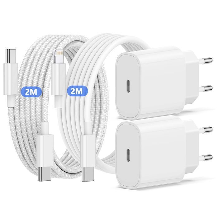 AIMIUVEI 2 cargadores rápidos, enchufe de pared PD de 20 W, cable Lightning/Tipo-C de 2 m, para iPhone 16/15/14/13/12/Samsung/Huawei/Galaxy