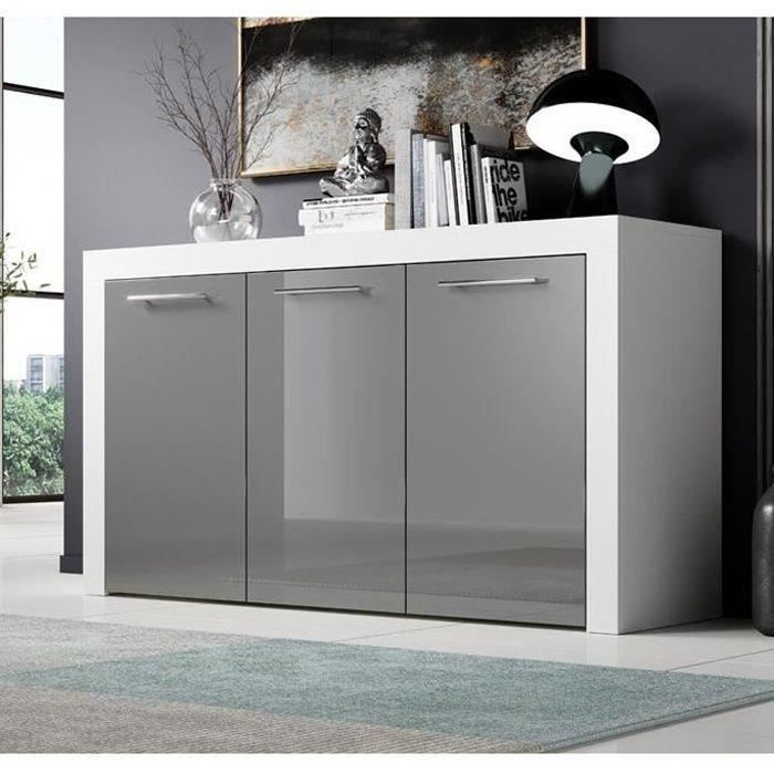 3-Door Sideboard | 144 x 80 x 42 cm | White and Gray Glossy Finish | Storage | NELIA