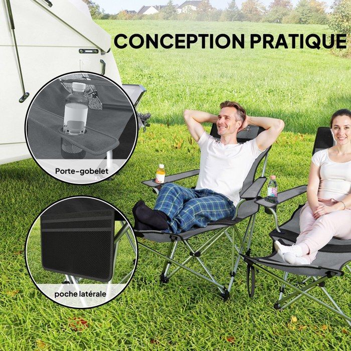 Juego de 2 sillas de camping Outsunny plegables y reclinables con reposapiés, bolsa de almacenamiento, portavasos y reposacabezas (color gris).