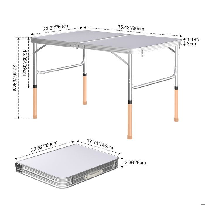 Portable folding aluminum camping table, 90cm wide, rectangular picnic table for kitchen and catering