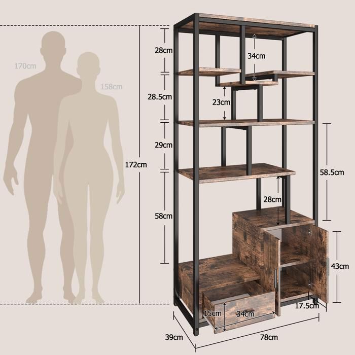 6-Tier Bookshelf - NHHF - LED Lighting - Storage Unit with Drawer and 2 Doors - Metal Frame - Brown and Black
