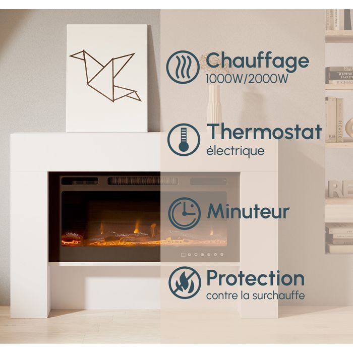 Meuble avec cheminée électrique - DESIGN AMEUBLEMENT - Laqué blanc - LED multicolore - 1000/2000W - Télécommande - Candela