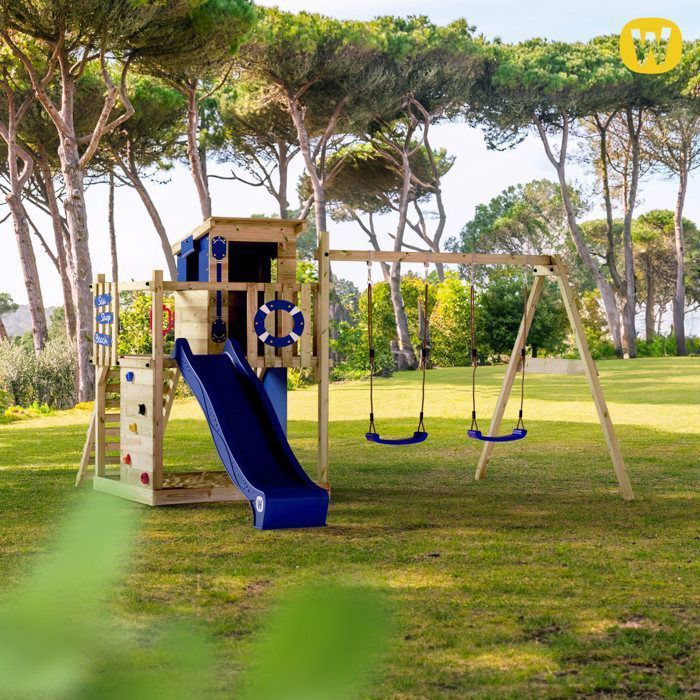 Aire de jeux bois WICKEY Smart Camp avec toboggan 220 cm vert pastel, double balançoire et maisonnette – 10 ans de garantie*