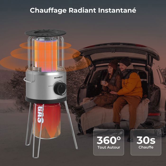 Calentador de gas portátil CAMPLUX NanoAir 2 con protección antiopacidad y contra vuelcos, 2,34 kW, 28-30 mbar, para camping y actividades al aire libre.