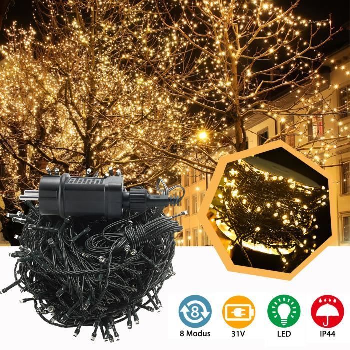 Guirnalda de luces LED para exteriores de 80 m, luces navideñas con 8 modos, resistente al agua IP44 para decoración de jardín, luz blanca cálida.