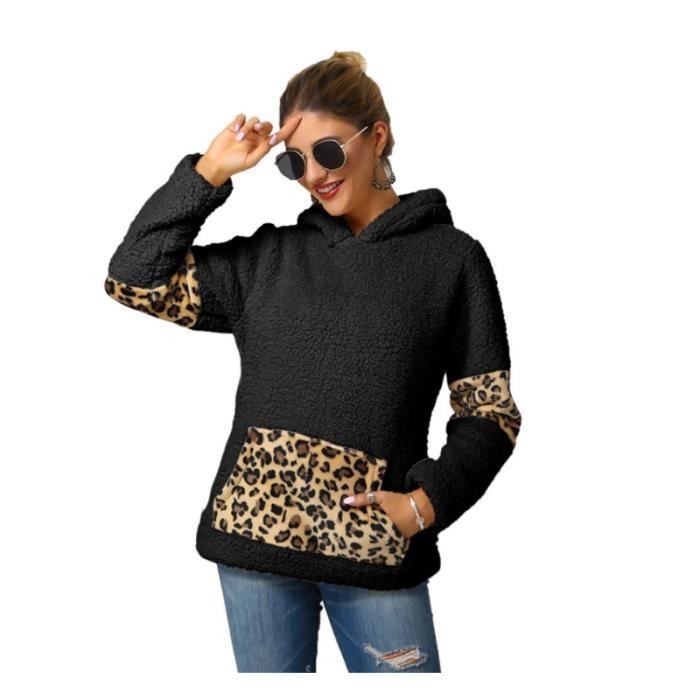 Sudadera LEOCLOTHO para mujer - Estampado de leopardo a doble cara - Negra