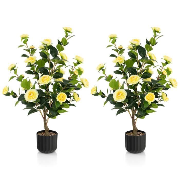COSTWAY Juego de 2 camelias artificiales, 95 cm, planta de flores artificiales en maceta de cemento, para tienda, oficina, hogar, amarillo