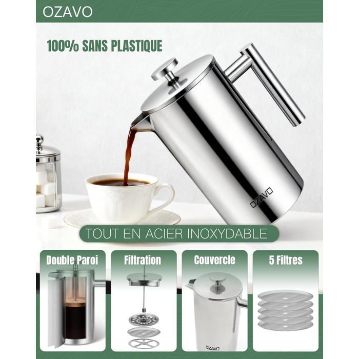 OZAVO - Cafetière à Piston 1L Inox Isotherme avec 5 Filtres Remplacement Acier inoxydable