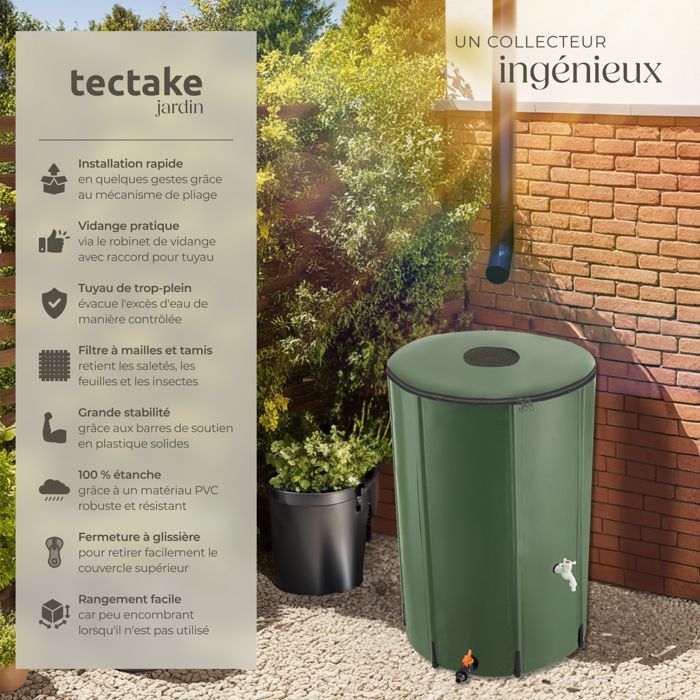 Récupérateur d'eau - TECTAKE - Tonneau récupérateur d'eau de pluie en polychlorure de vinyle avec une capacité de 380 L - Vert