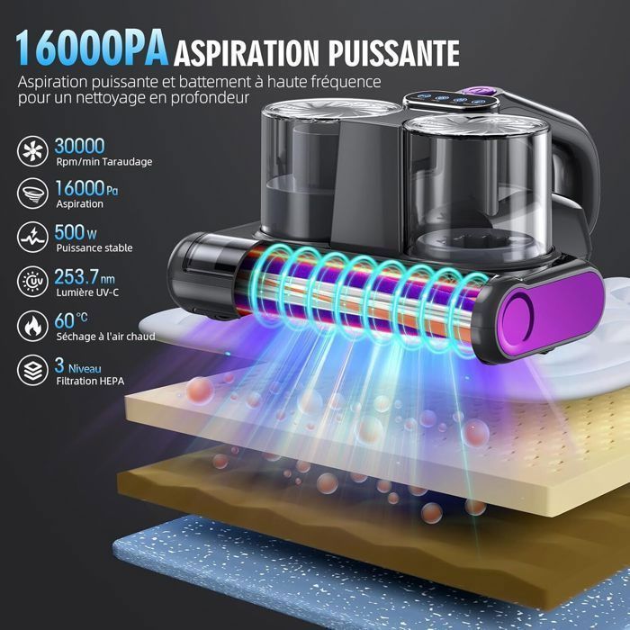 Aspirateur Anti-acariens 16 KPa, 500 W, Lumière UV 253,7 nm, 30 000 Tours/min, Élimine 99,9 % des Acariens et des Bactéries