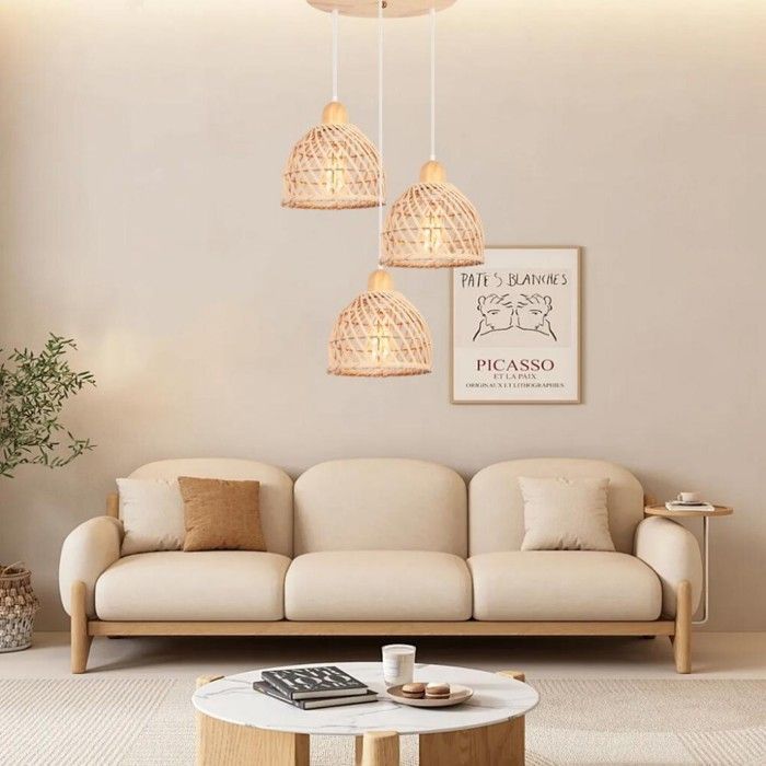 WOTTES 3 têtes Suspension Luminaire Moderne Créatif Disque Lustre en Bois et Bambou de Design à Spirale Vintage Suspension Rotin