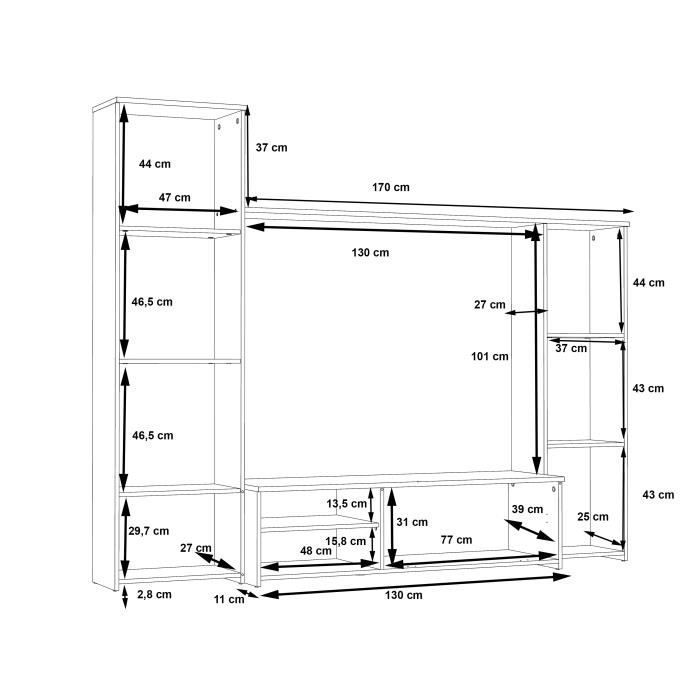 Meuble TV paroi PILVI - Particules mélaminé -Décor blanc mat - porte vitrée + 1 abattant + 5 niches - L220 x P41 x H177,5 cm