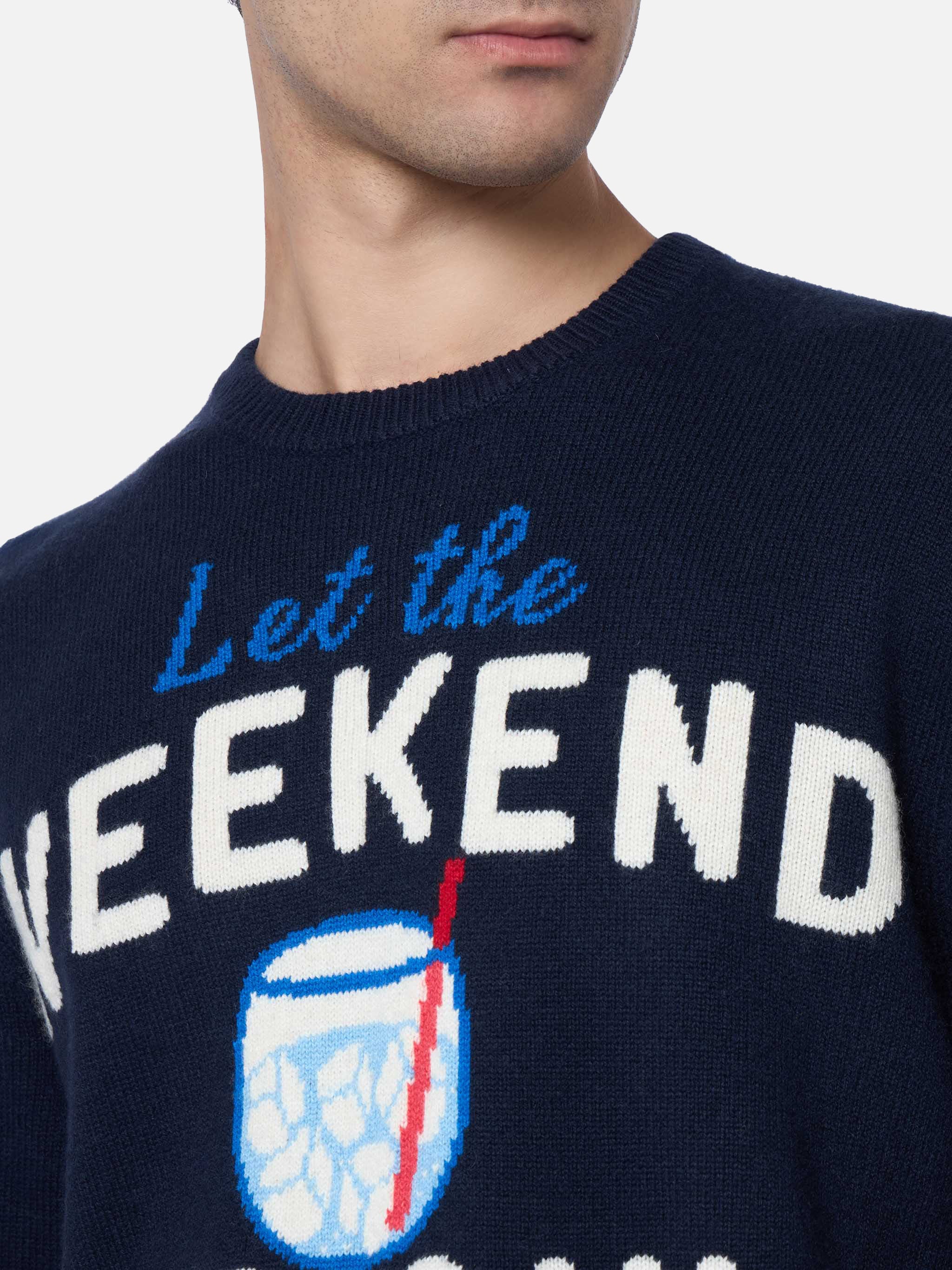 Heron Blue Crew-Neck Sweater | Ribbed Collar, Cuffs, & Hem | St Barth Logo Embroidery on Cuff | Weekend Be Gin Jacquard | MC2 Saint Barth