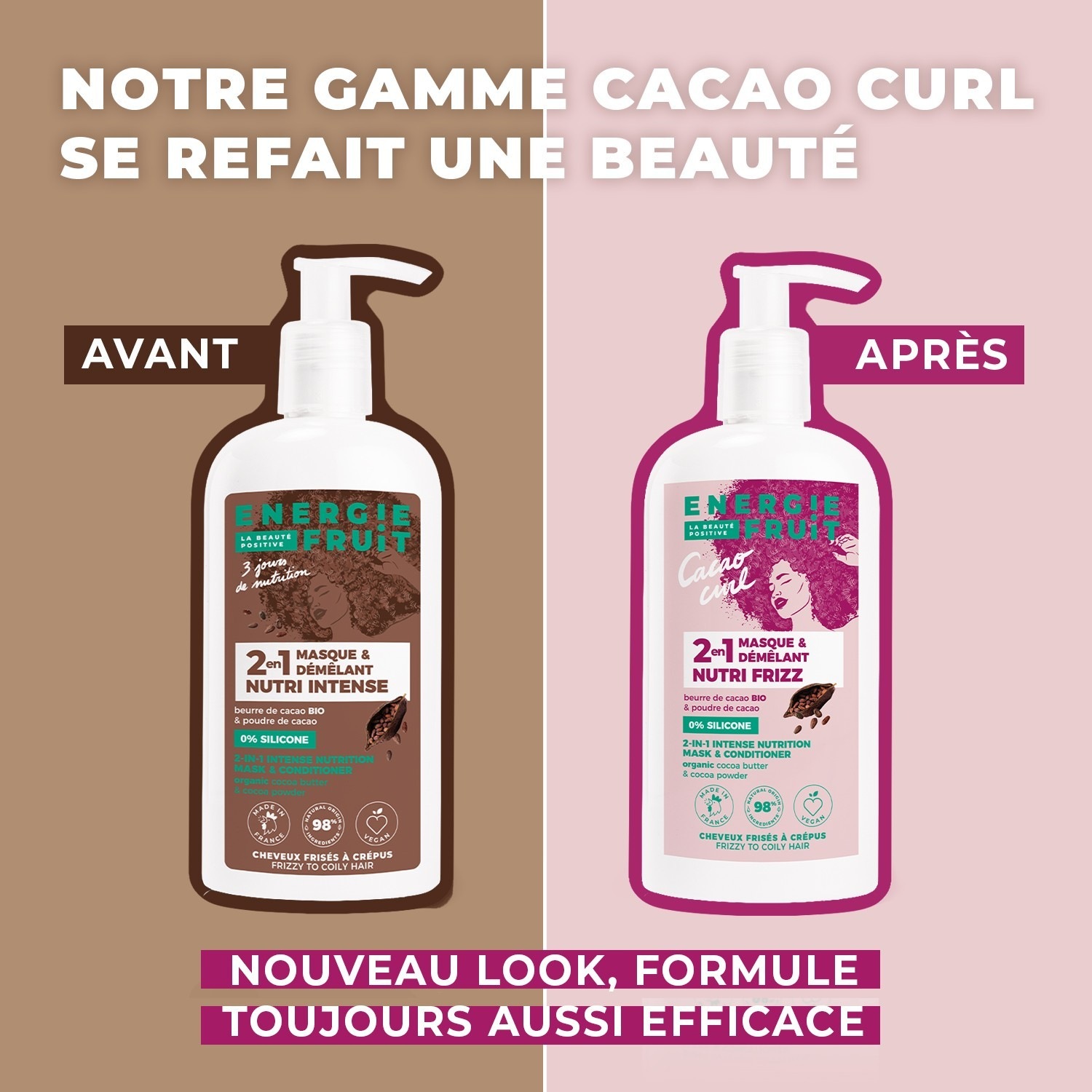 Energie Fruit masque 2 en 1 nutri frizz sans silicone - cheveux frises a crepus - beurre de cacao bio et poudre de cacao