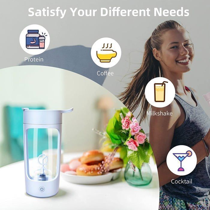 Botella mezcladora eléctrica recargable por USB, ideal para preparar batidos, smoothies y café.