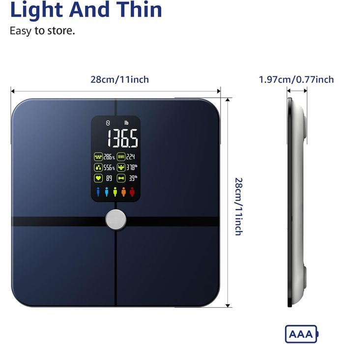 Balanza inteligente para baño con pantalla VA, 15 puntos de datos corporales y monitor de frecuencia cardíaca para aplicaciones Android e iOS, máx. 180 kg.