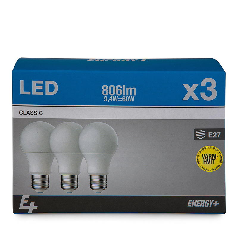 Bombilla LED de bajo consumo, 806 lm, paquete de 3 unidades, clásica, E27, A60