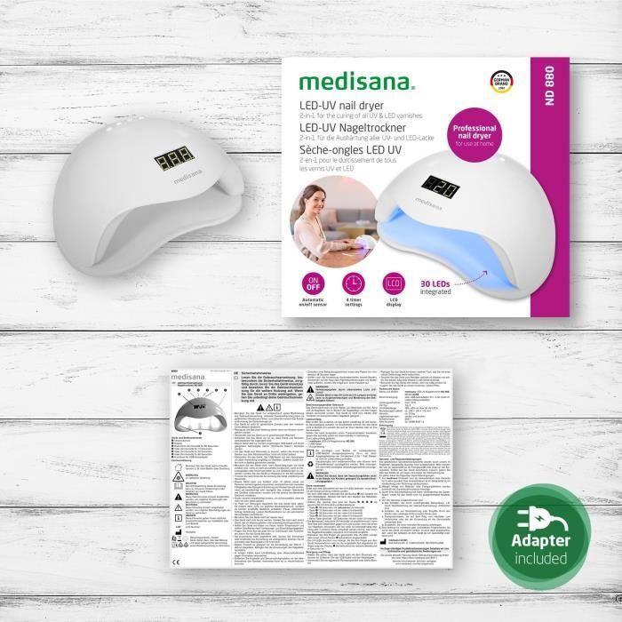 Lámpara de uñas 2 en 1 - MEDISANA - ND 880 - LED y UV - Pantalla - Temporizador - Sensor de encendido/apagado automático - Blanco