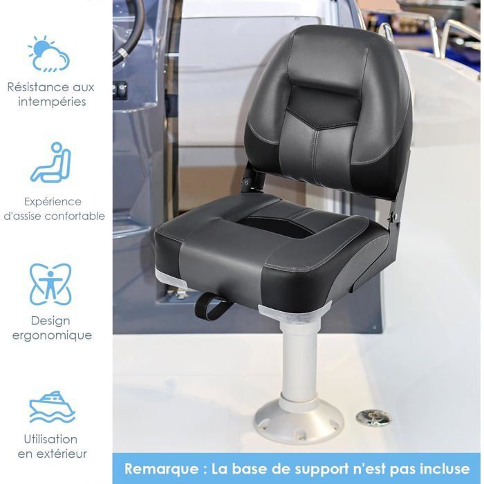 COSTWAY 2-Piece Folding Boat Seat with Backrest, Long Fixing Strap, Stainless Steel Screws, Thick Foam, Black