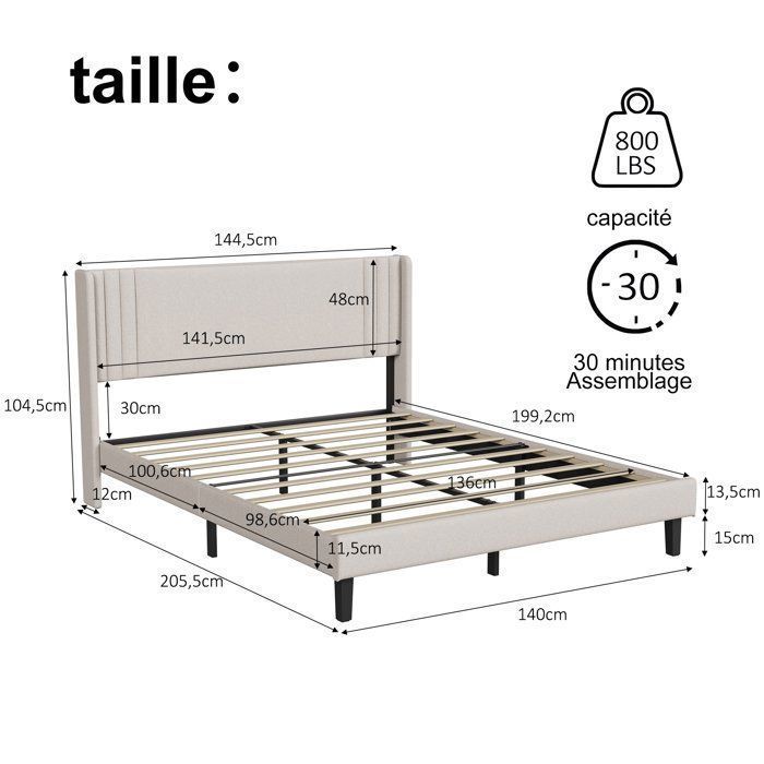 Volwassenenbed 140x200 cm, tweepersoonsbed met houten lattenbodem, gestoffeerd bedframe met lattenbodem en hoofdeinde, beige linnen