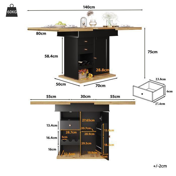 Mesa de comedor extensible MERAX de 110-140 × 80 cm - Mesa de cocina para 4-6 personas - Con cajones y botellero - Negra
