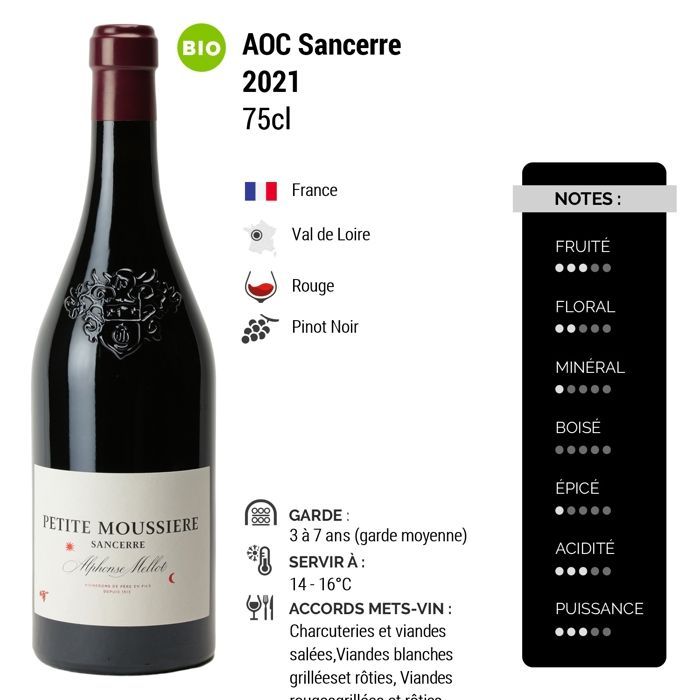 Alphonse Mellot Sancerre Petite Moussière 2021 - Vino Tinto del Valle del Loira (6x75cl) Ecológico