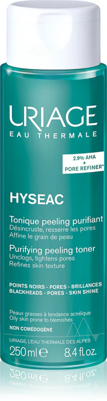 Uriage Hyseac Purifying Peeling Toner je čistiaci toner, ktorý reguluje tvorbu kožného mazu a minimalizuje póry pomocou AHA kyselín.