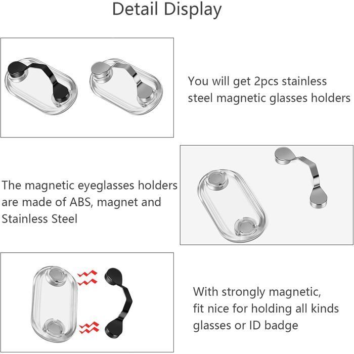 Juego de 2 soportes magnéticos de acero inoxidable para gafas, se adhieren a todo tipo de prendas de vestir.