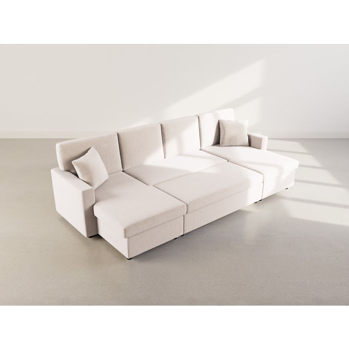 Meiya - 7-seater U-shaped panoramic sofa bed with storage in corduroy - Beige