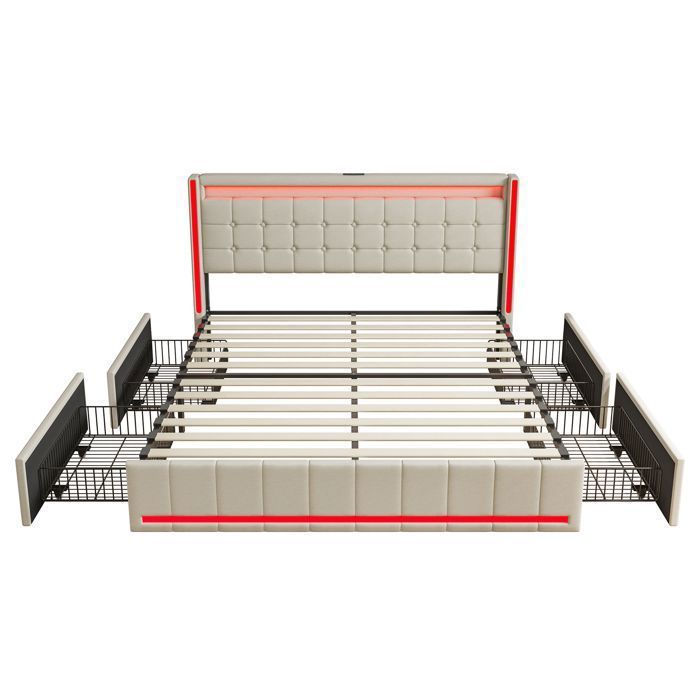 Double bed 160x200 cm with slatted base, headboard with LED and USB ports, 4 drawers, linen fabric, upholstered double bed, beige