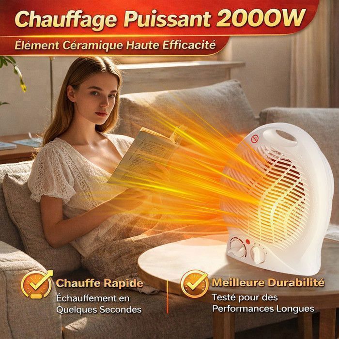 Chauffage d'appoint 2000W, Chauffage Rapide, Silencieux, Faible Consommation, Radiateur Portable Maison