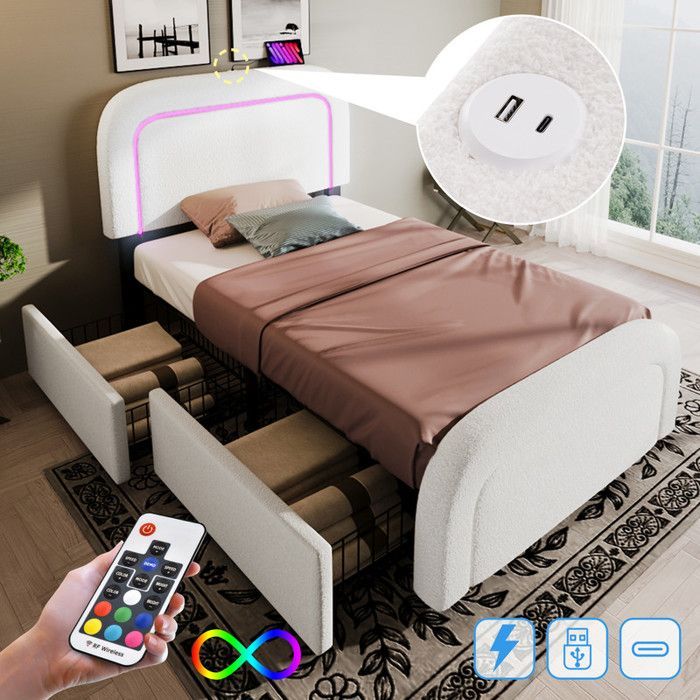 Cama individual - Blanca - 90x200cm - 2 cajones - Puertos de carga USB - Iluminación LED