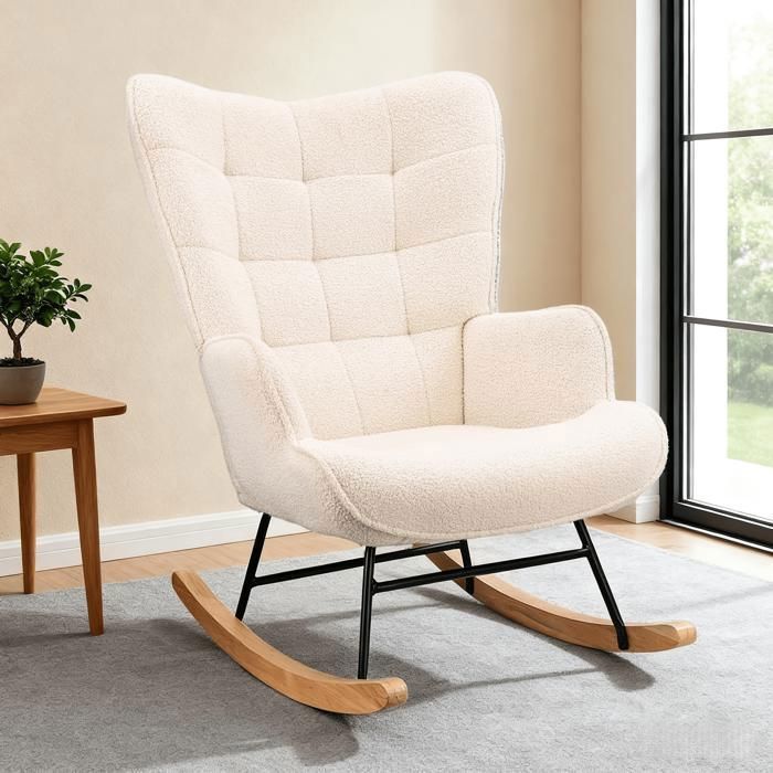 Mecedora relajante, mecedora de terciopelo Teddy, silla de lactancia, mecedora para sala de estar/dormitorio, madera maciza, beige.