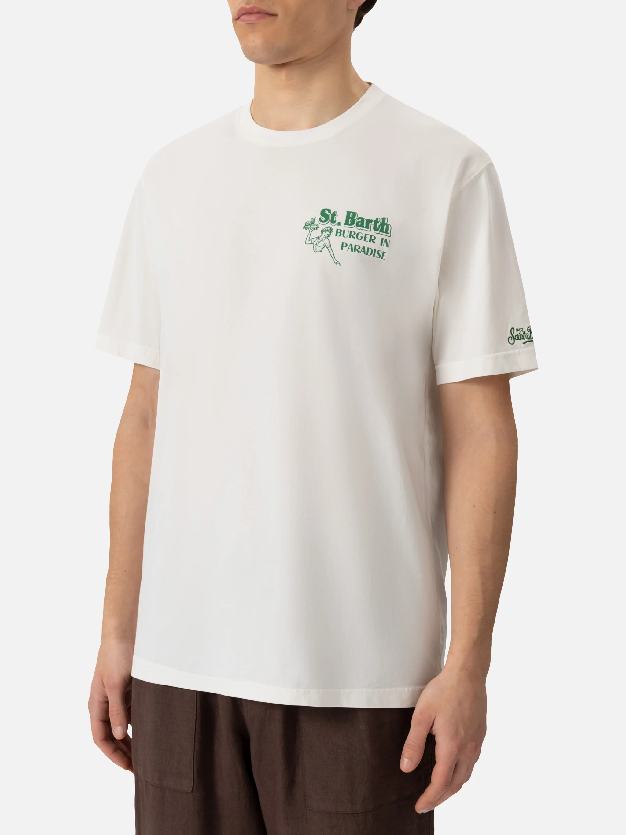 Ανδρικό T-shirt από υπόλευκο βαμβακερό ύφασμα με στάμπα St. Barth Burger Paradise