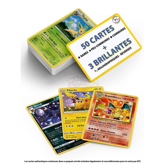 Lote de 53 cartas Pokémon oficiales francesas, NUEVAS - 3 BRILLANTES | 3 RARAS - Sin duplicados