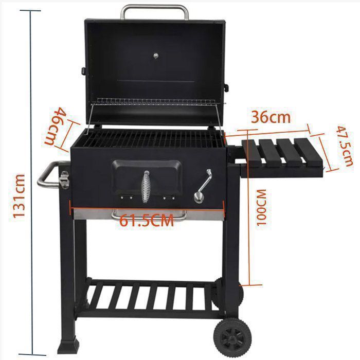 Barbecue Charbon de Bois avec Couvercle, Chariot, Bac à Charbon Réglable, 2 Tablettes, Noir
